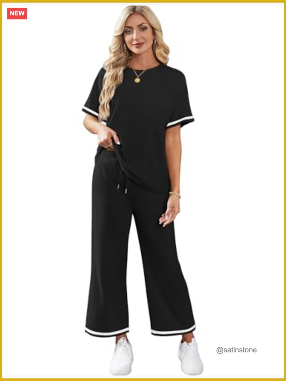 Two Piece Lounge Set Short Sleeve Wide Leg Pants With Pockets Travel Vacation View 4